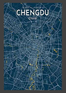 Chengdu Blue Map Poster