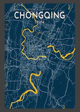 Chongqing Blue Map Poster