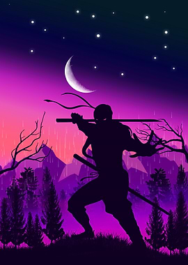 Samurai In Moon Back