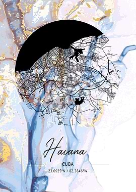 Havana Map Cuba marble