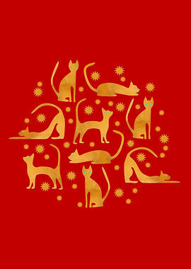 Golden cats with red