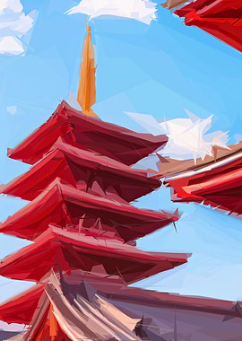 Japanese Art Red Temple