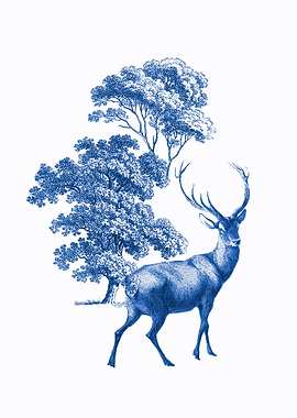 Vintage Blue Toile Deer