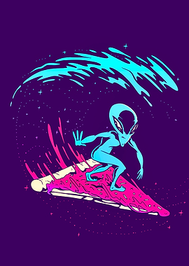 Alien surfing pizza wave