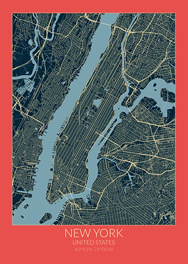 New York Map Red Blue