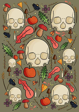 Skulls leaves and mushroom