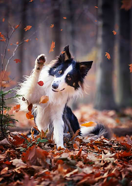 Border Collie, autumn leaf