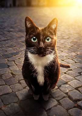 Cat On Cobblestone Street