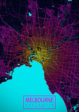 Melbourne City Map Neon