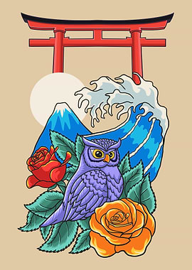 Cute owl and rose flowers
