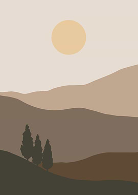 Sunset with mountain tree