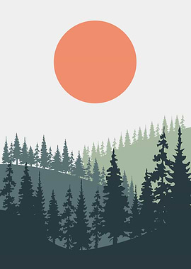 Sun pine tree mountain art