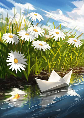 Paper boat and daisies