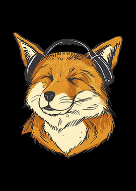 Happy fox with headphones