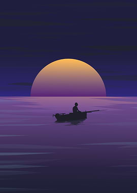 Ocean Sunset With A Fisher