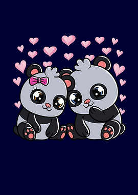 Panda Bears Cute Hearts