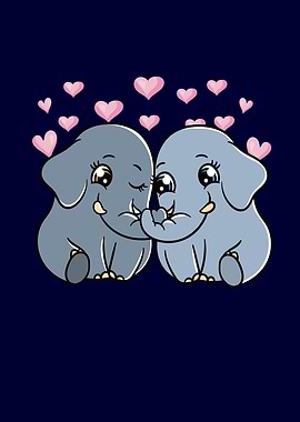Elephants Couple Hearts