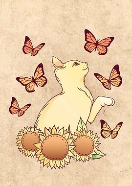 Cat sunflowers butterflies