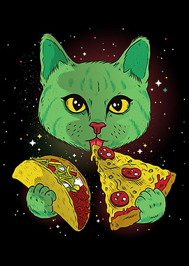 Funny Alien Cat with Pizza