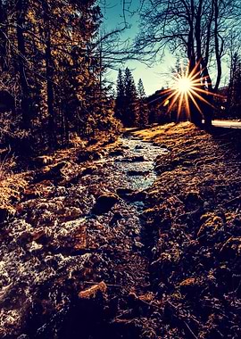 Autumn river, waterfall