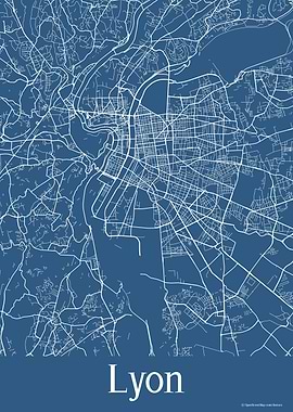 Lyon France Blue Map