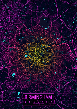 Birmingham City Map Neon