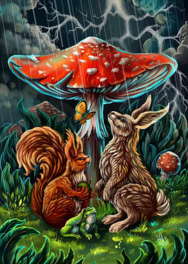 Toadstool and animals rain