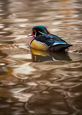 wood duck on golden water