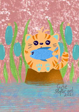 Happy cat with blue fish