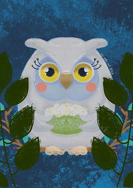 Owl with white flowers