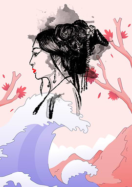 Geisha on asia mountain