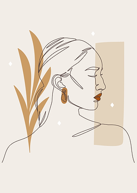Woman face body line art