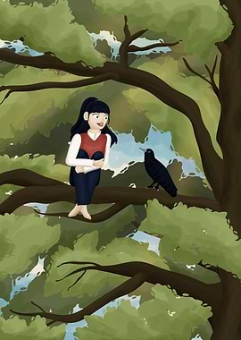 Girl in tree talks to bird