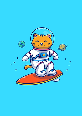 Cute Cat Astronaut Surfing