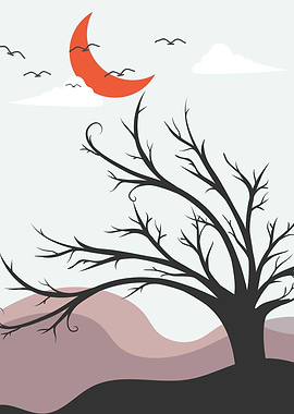 Moon mountain sky birds