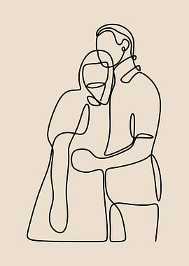 Couples hug one line art