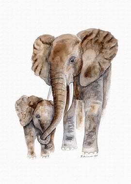 Elephant Mom and Child Art