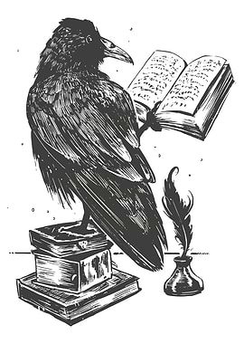 Raven bird reading book