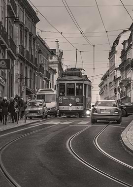 Monochrome tram in Lisbon