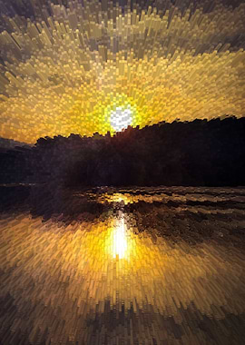 Golden lake sunset pixels