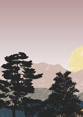 Sun with forest landscape