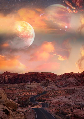 Planets above the road