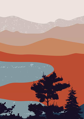 Mountain layers river lake