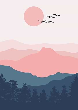 Pink mountain birds flying