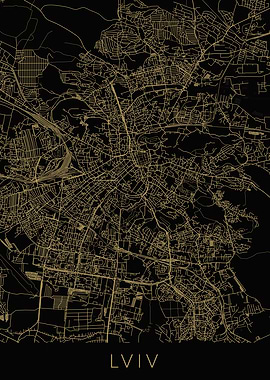 Lviv Map Black Gold Lvov