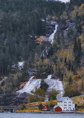 Huge Fjord Waterfall
