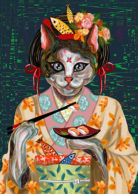 Japanese cat with Fish