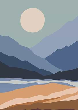 Mountains sun with river