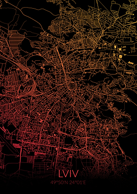 Lviv Map Black Orange Lvov
