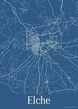 Elche Spain Blue Map